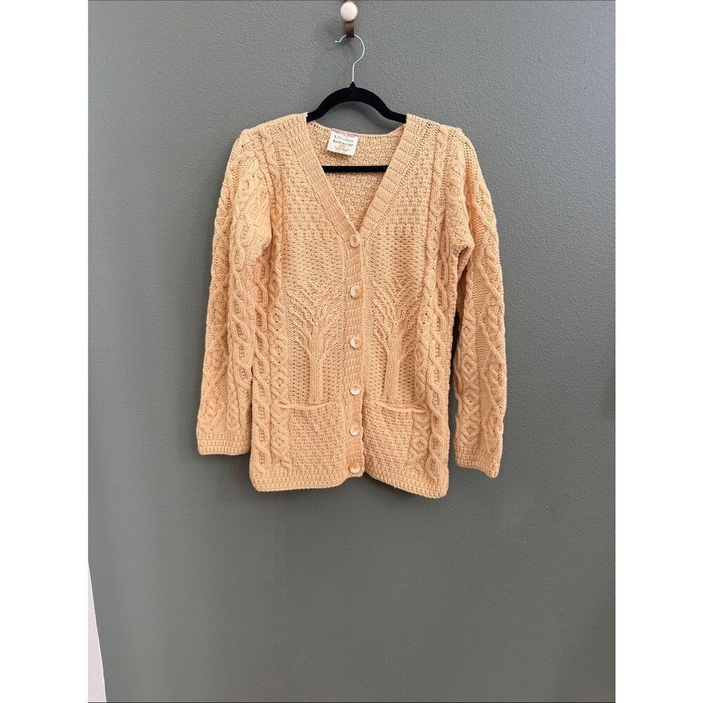 KILRONAN IRELAND CABLE KNIT MERINO WOOL FISHERMAN POCKETS SWEATER Sz S
